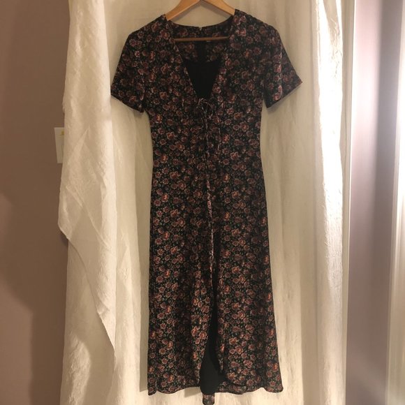 Vintage Black & Orange Floral Midi Dress with Front Slit (Size SP) - Picture 3 of 14